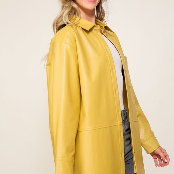 LUMIERE Mustard Faux Leather Shacket, Oversized Button Down Jacket Top - Picture 3 of 7